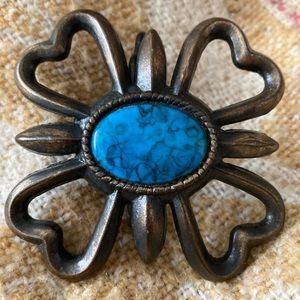 Brass & Turquoise 4 Heart / Flower shape Belt Buckle